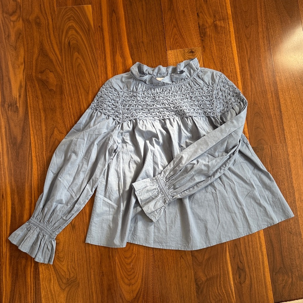 Smocked Yoke Ruffle Neck Blouse - Light Blue
